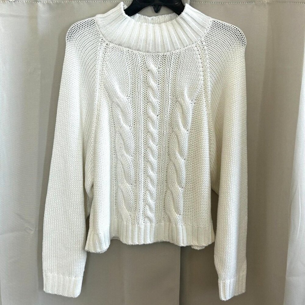 Elie Tahari Women Sweater Large White Chunky Cropped Cable Knit Fisherman 16973